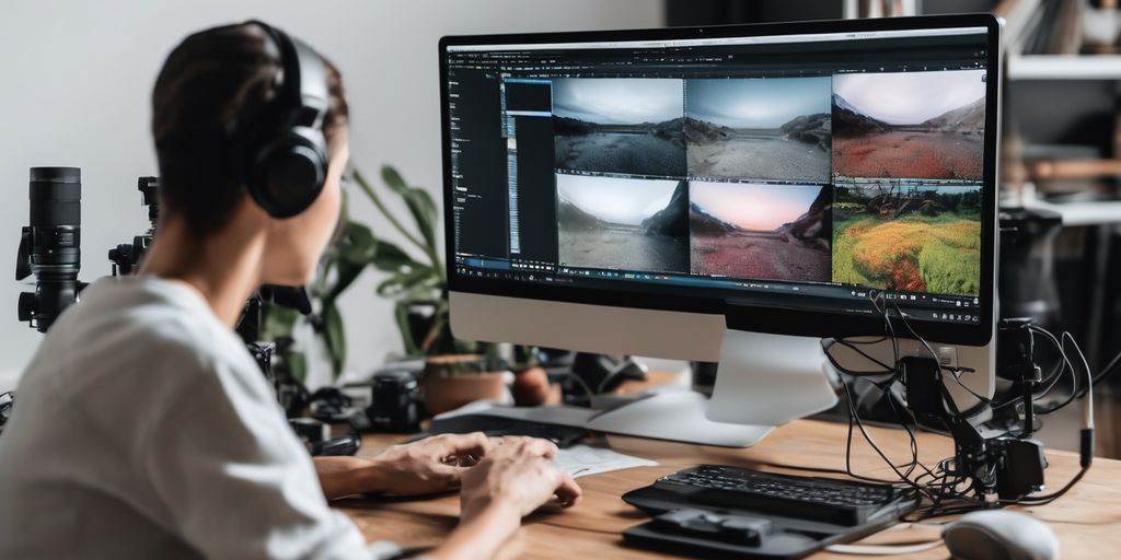 person using a camera and editing videos on a computer